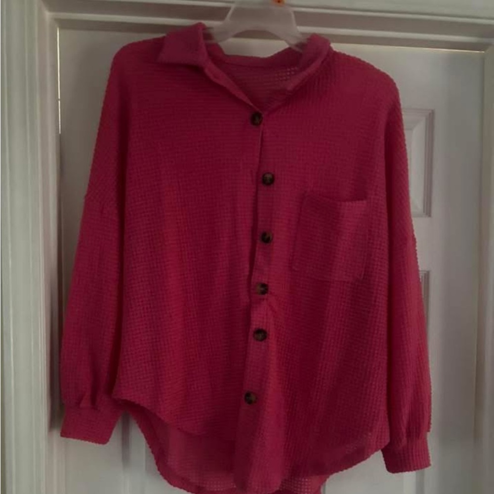 Pink Button-Up waffle knit Shirt